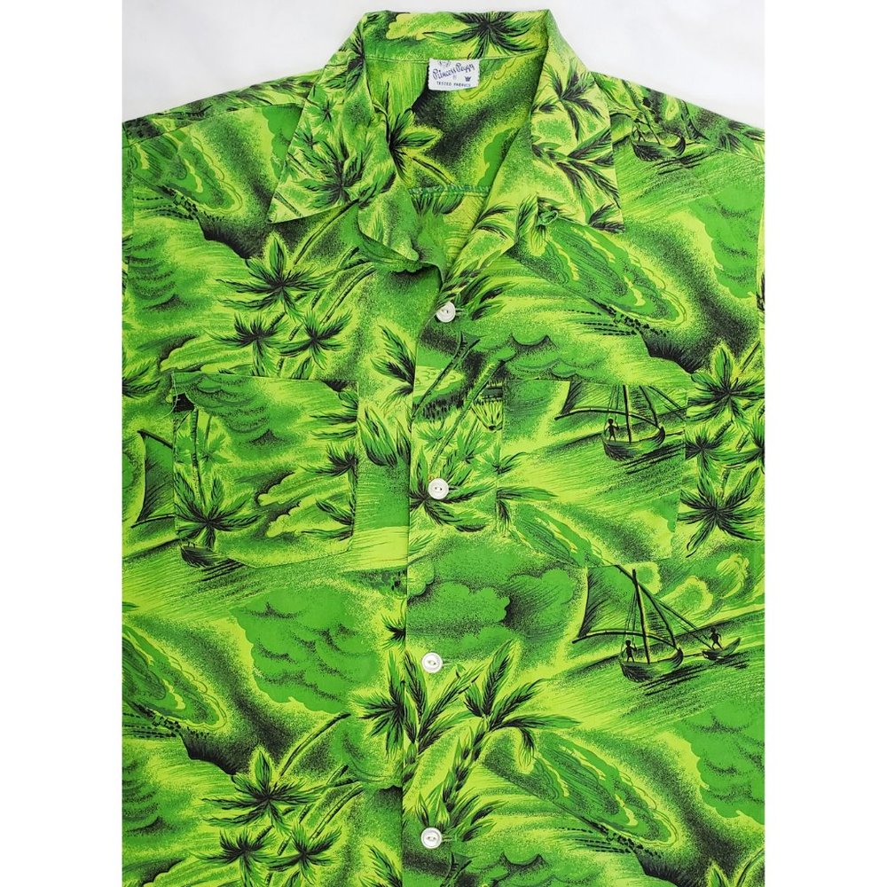 Vintage Princess Peggy Mens 1950s Hawaiian Hawaii Shirt Green L/XL - Picture 2 of 10